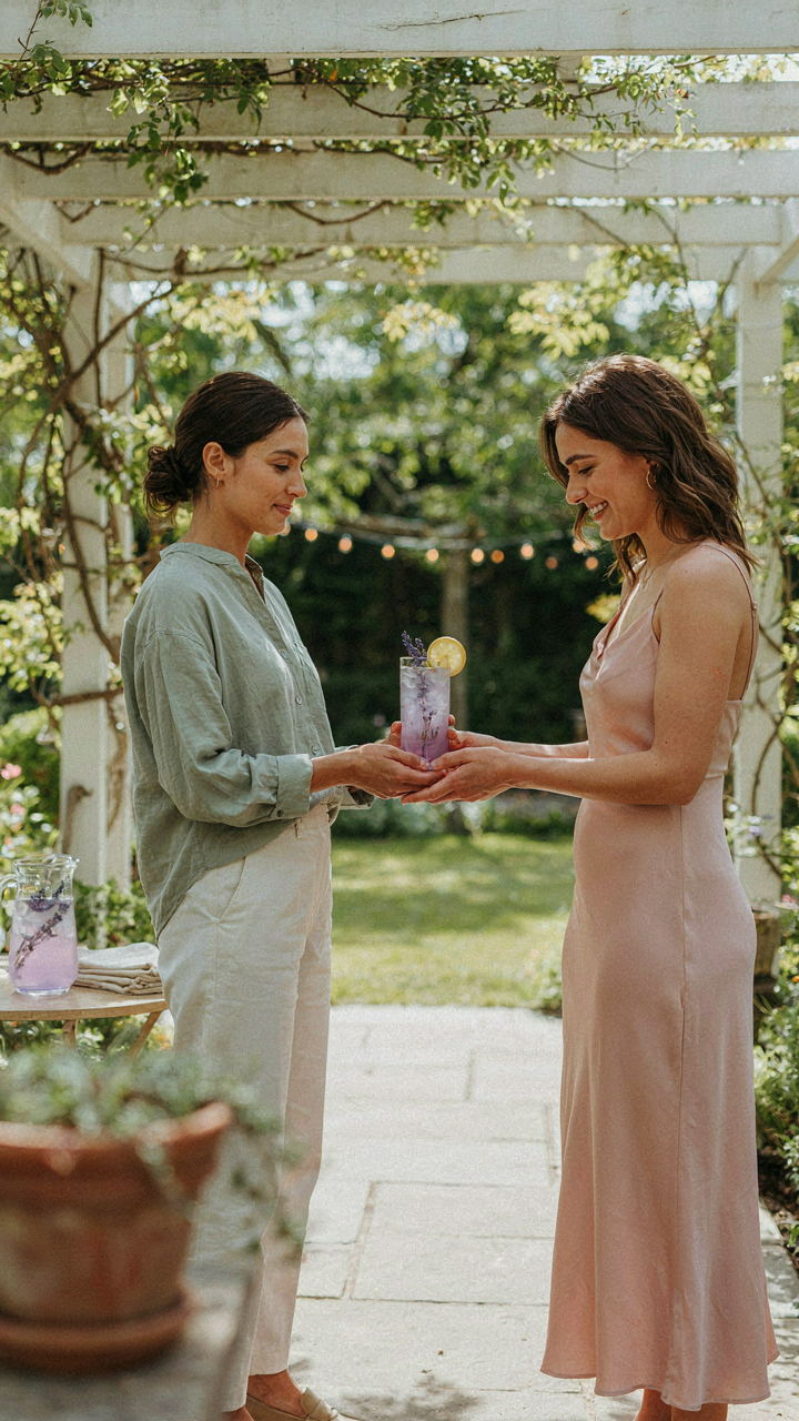 A host confidently serves a lavender lemonade mocktail to a smiling guest.