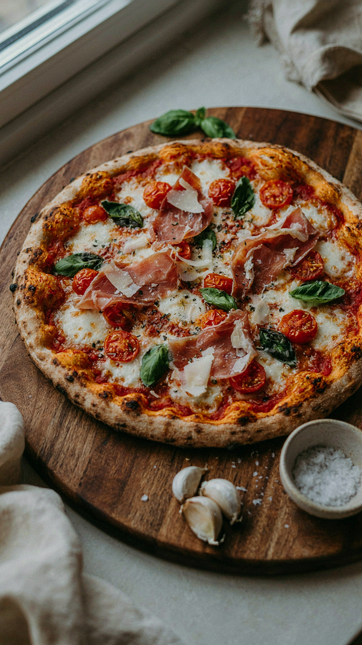 A single, perfectly crafted gourmet pizza with vibrant toppings on a wooden board.