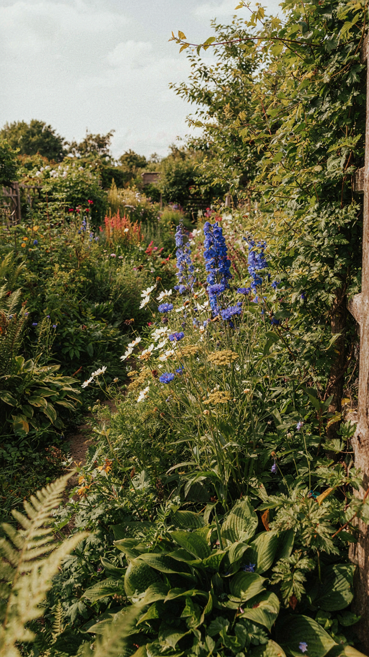 A wild garden with bright blue flowers in green foliage.