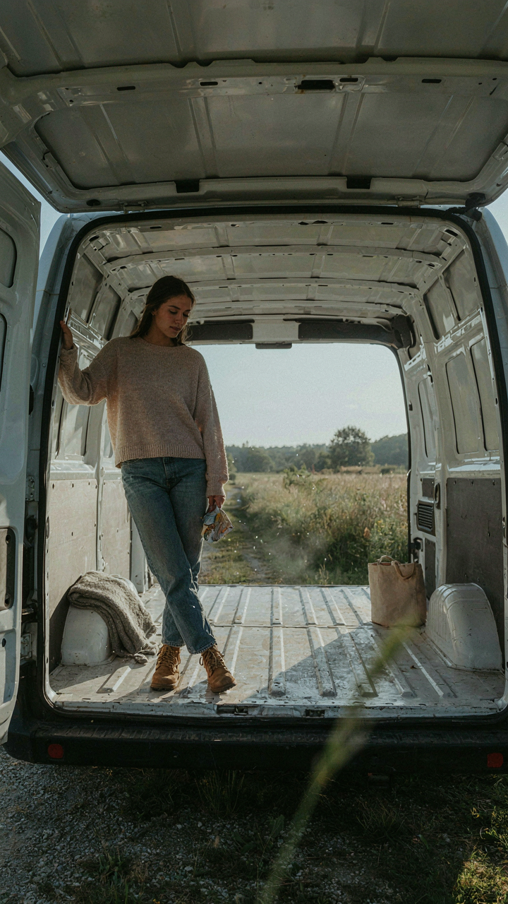 A person stands in a mostly empty van, looking at the space.