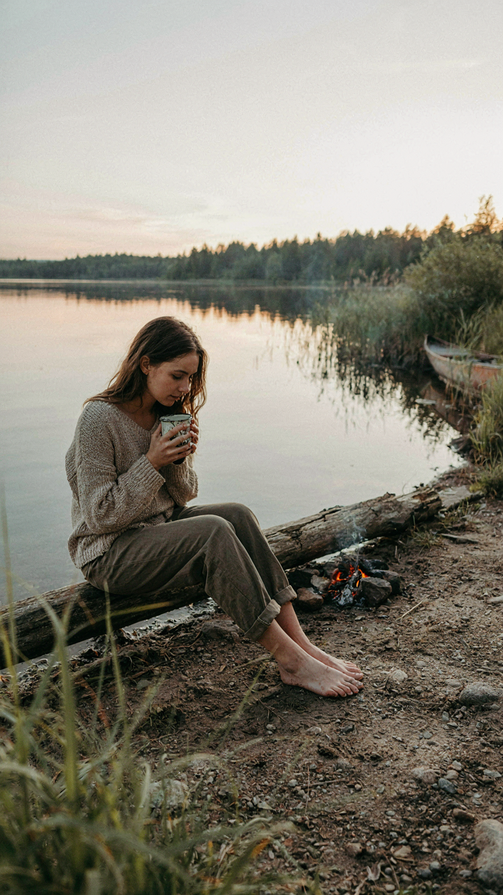 A person sits peacefully by a lake at sunrise, holding a simple coffee mug.