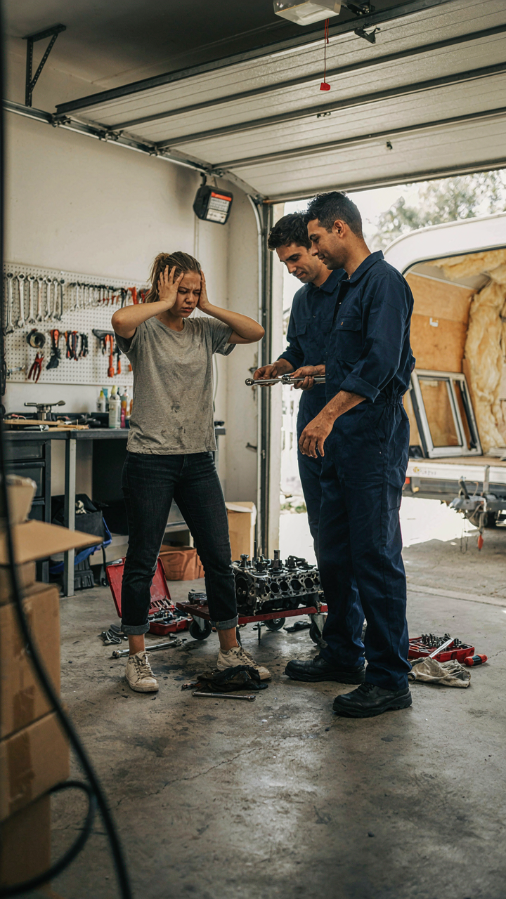 A person struggles with an engine while a mechanic watches.