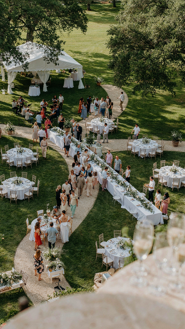 An aerial view of people moving easily through a garden party without crowds.