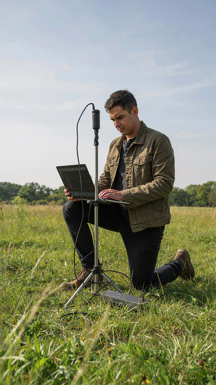 An audio engineer calibrates sound outdoors with a microphone and laptop.