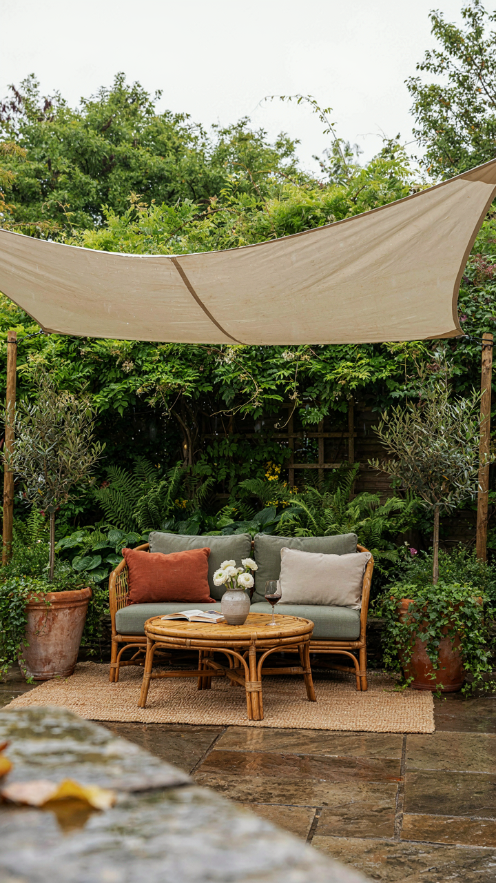 A garden seating area under a sturdy canopy during a light rain.