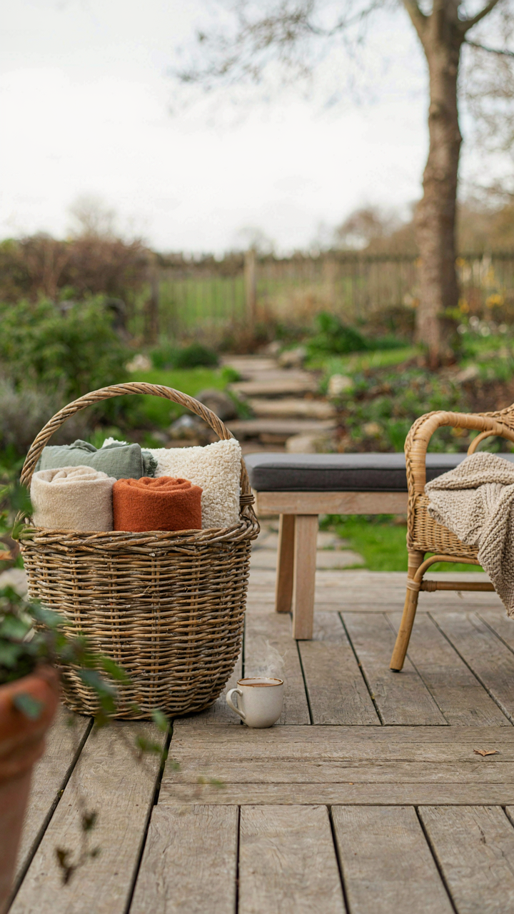 A large rustic outdoor basket with rolled blankets near a seating area.