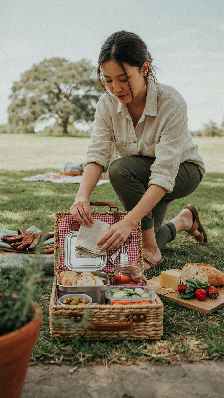 A person carefully packs food into separate, organized containers for a picnic.