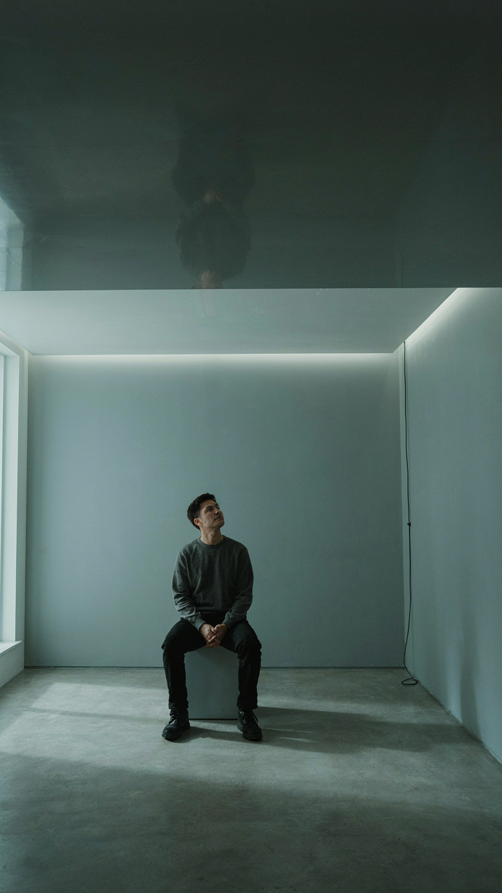 A person in a room, feeling watched through a large, reflective window.