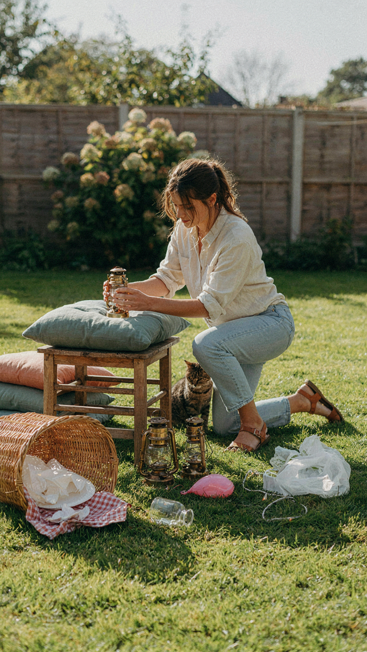 A person organizing garden party supplies, keeping only essential items.