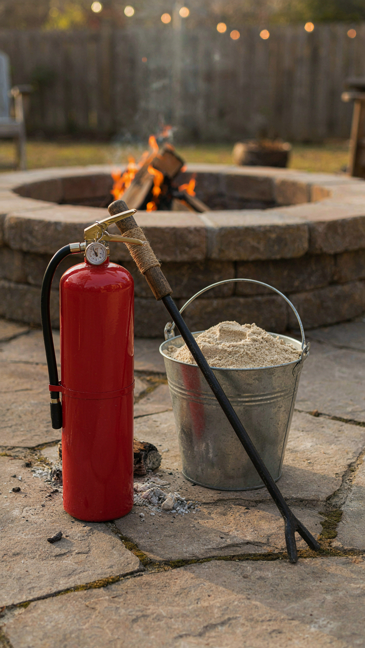 A fire extinguisher, sand bucket, and poker are near a fire pit.