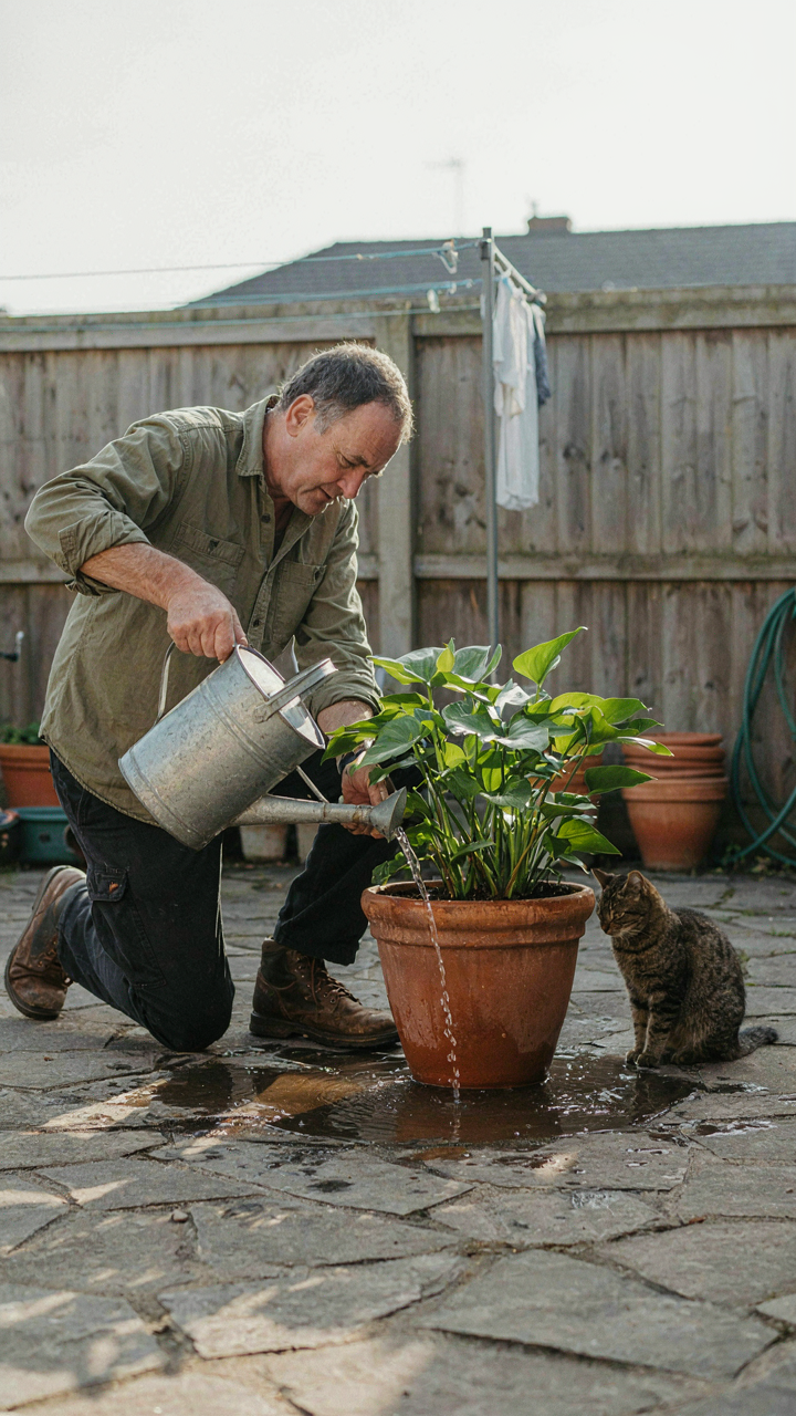 A gardener waters a plant, but too much water is spilling over.