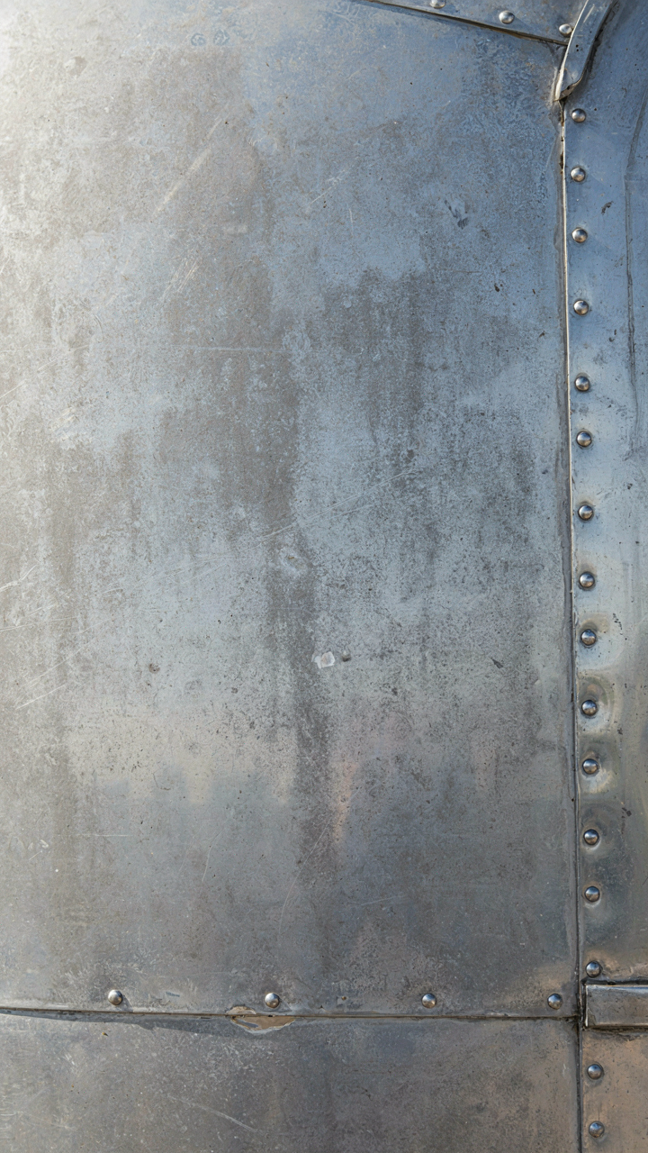 Close up of an oxidized aluminum panel on an old Airstream camper.