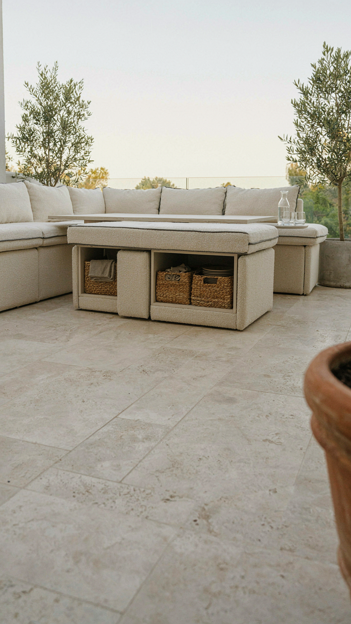 A small patio features a modular sofa that turns into a dining table.