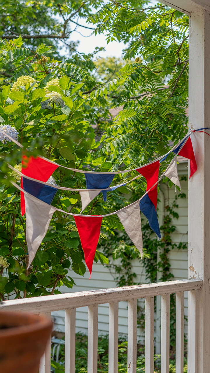 A single red, white, and blue bunting hangs on a porch railing.