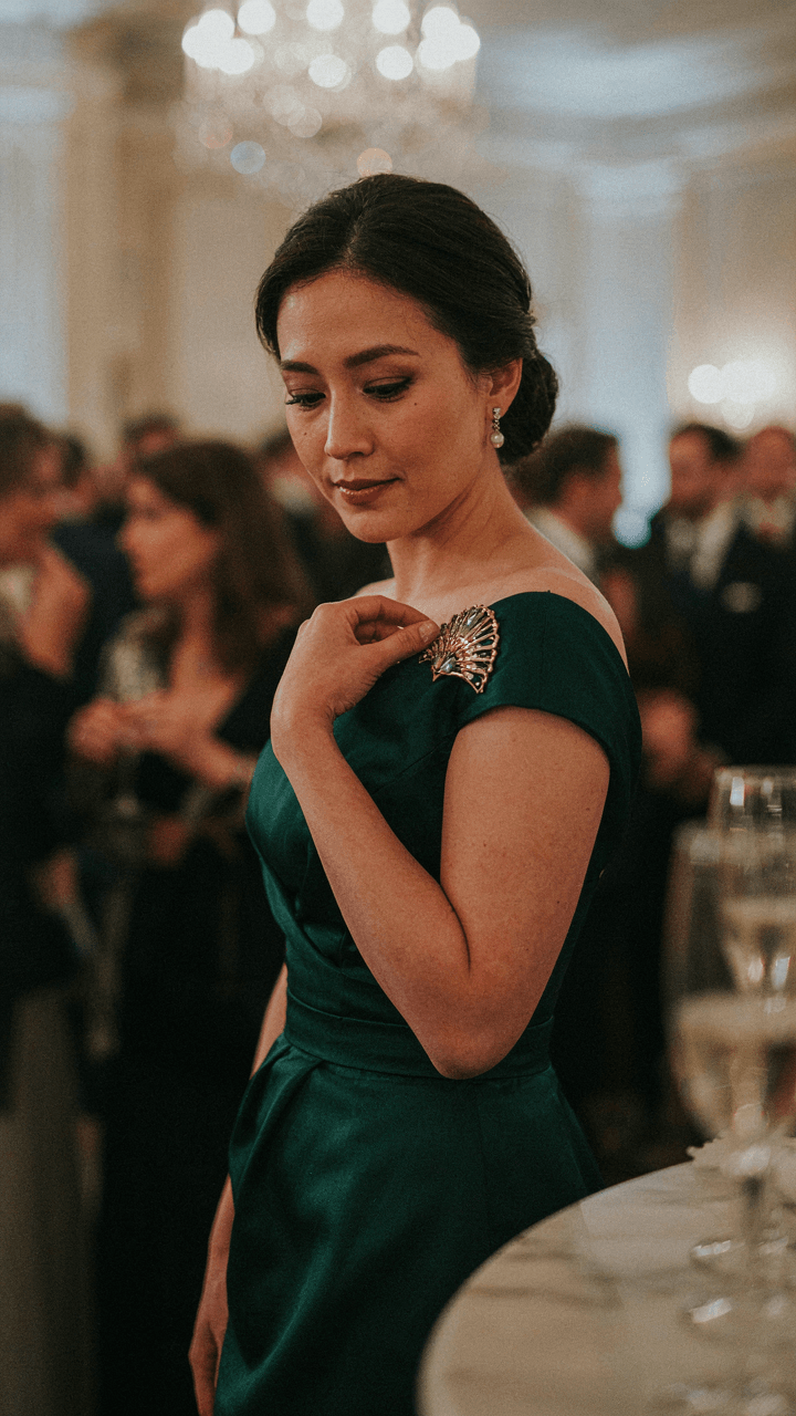 An elegantly dressed person displays a unique vintage brooch at an event.