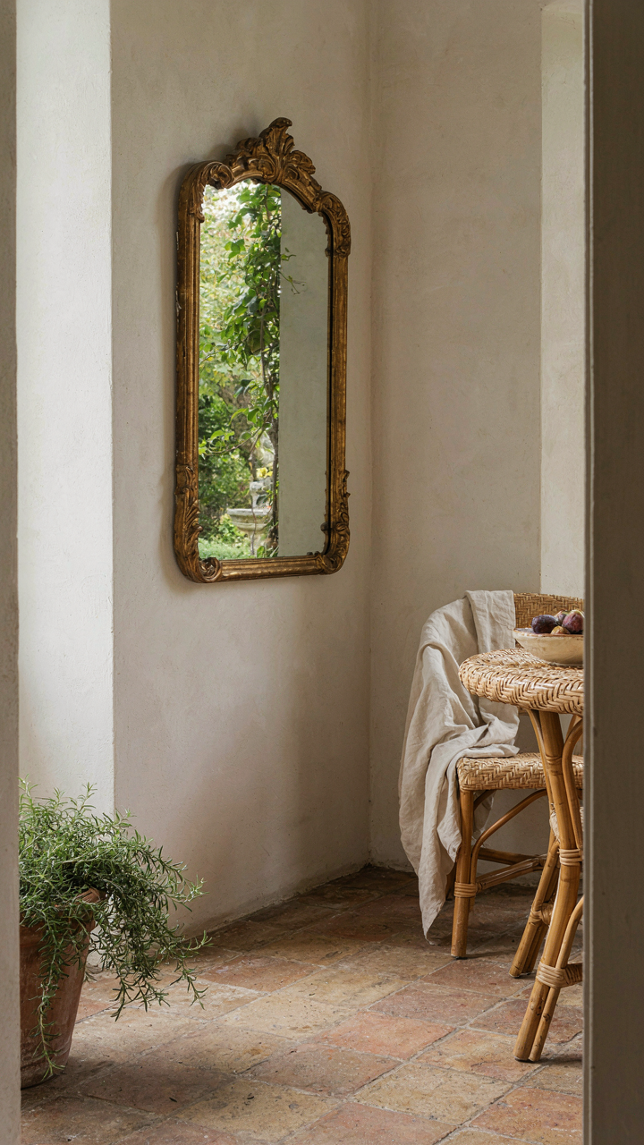 A corner patio with a large outdoor mirror reflecting the garden.