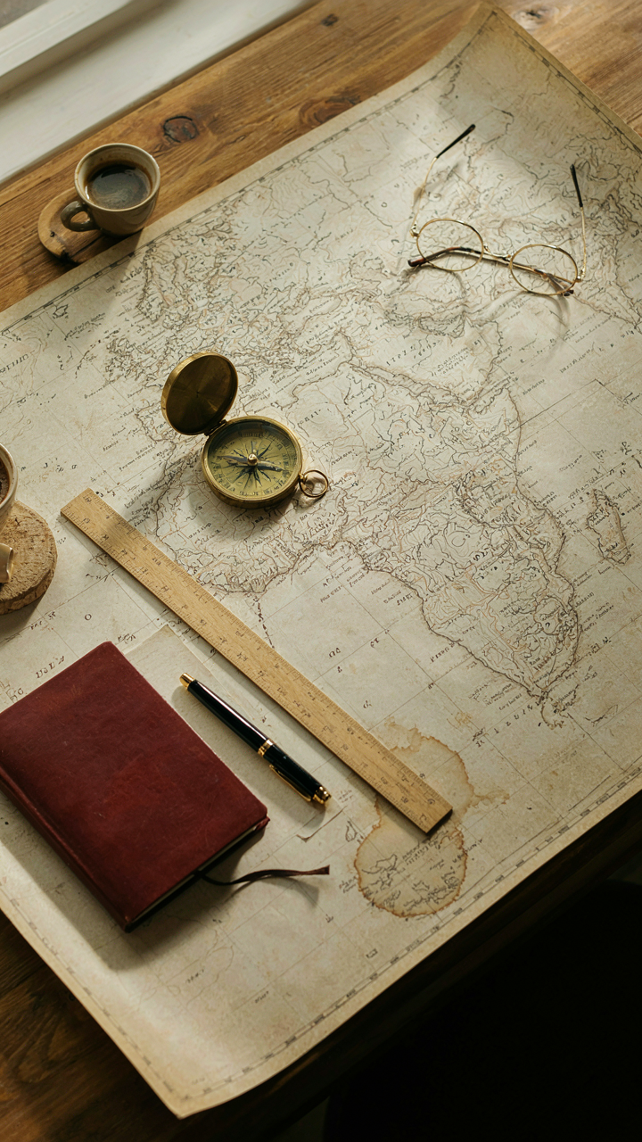 A detailed map spread on a desk with a compass and ruler.