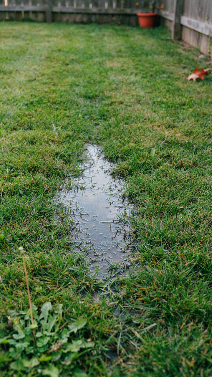 A puddle of water spreads across flat grass in a backyard.
