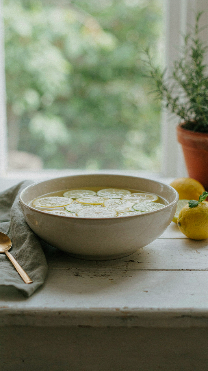 A bowl of sliced lemons and limes in water on a summer tablescape.