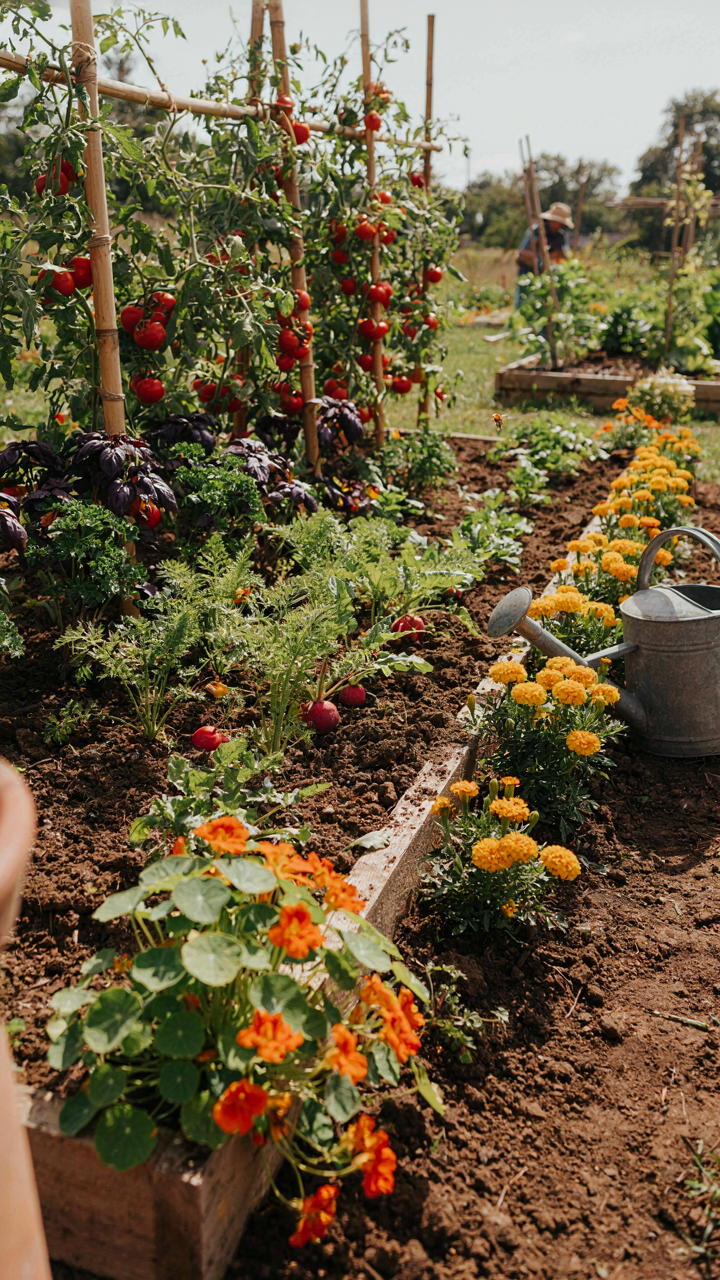 A vibrant permaculture garden with many different plants growing together.