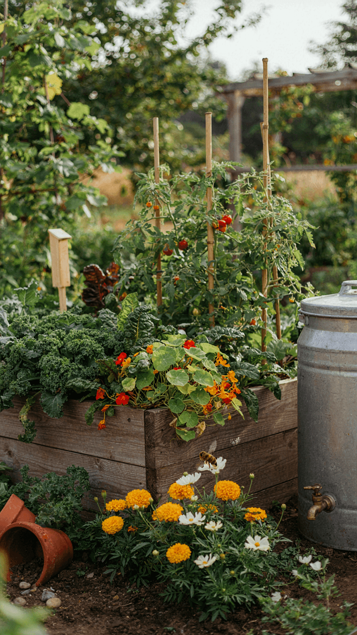 A lush permaculture garden with many different plants growing together.