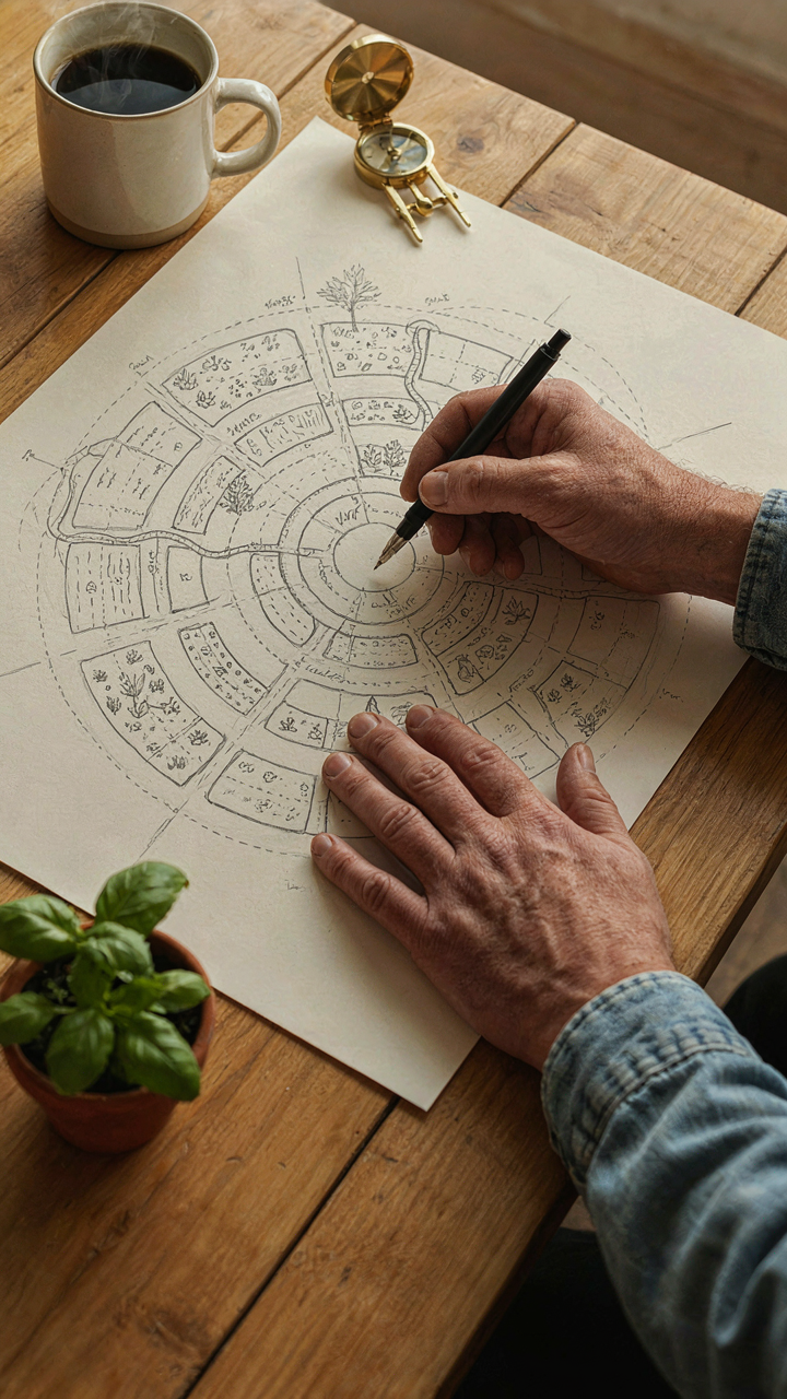 A detailed permaculture garden design on paper, showing different zones.