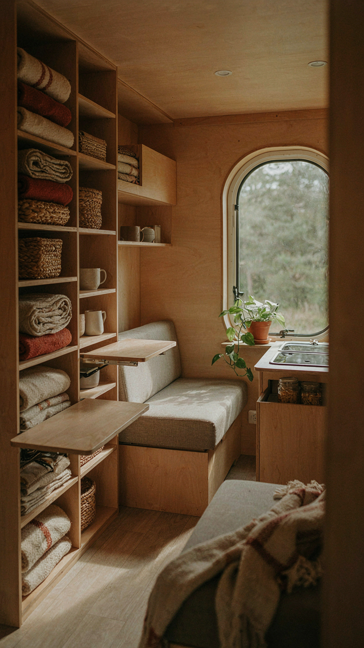 A miniature RV interior shows many clever storage solutions.