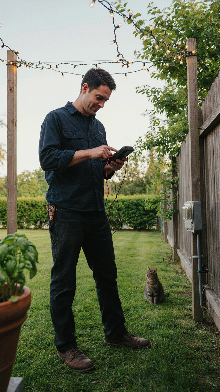 An engineer checks a voltage meter connected to a twinkle light canopy.