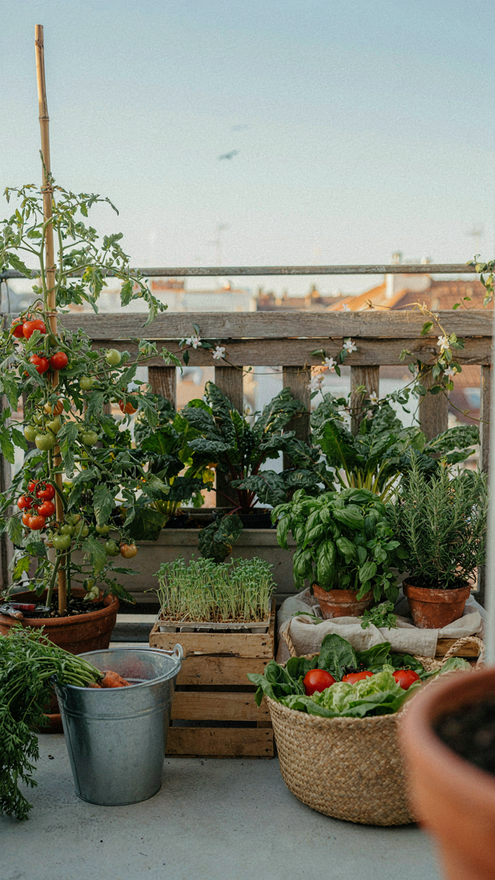 A balcony garden shows plants growing at different stages.