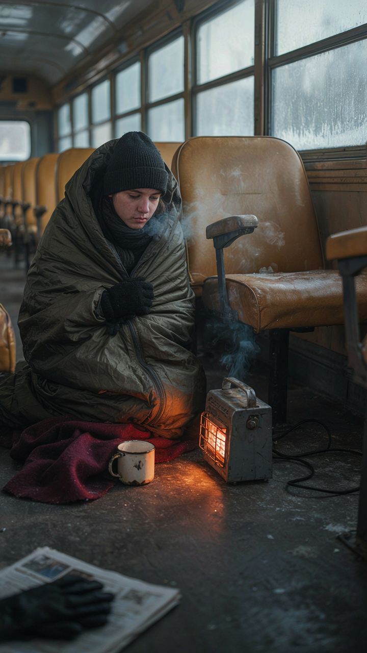 A person huddled in a cold school bus conversion, with a small heater.