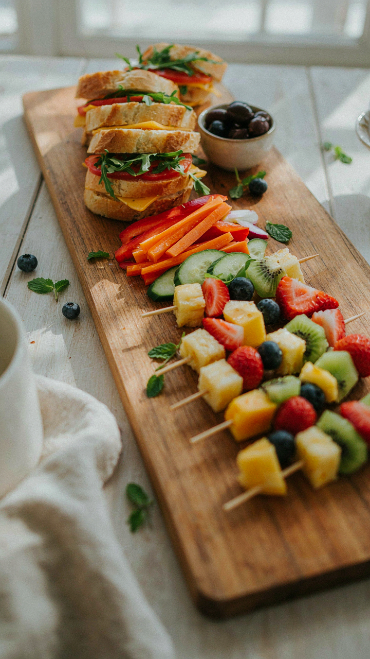 A wooden board holds colorful picnic finger foods, like mini sandwiches and fruit skewers.