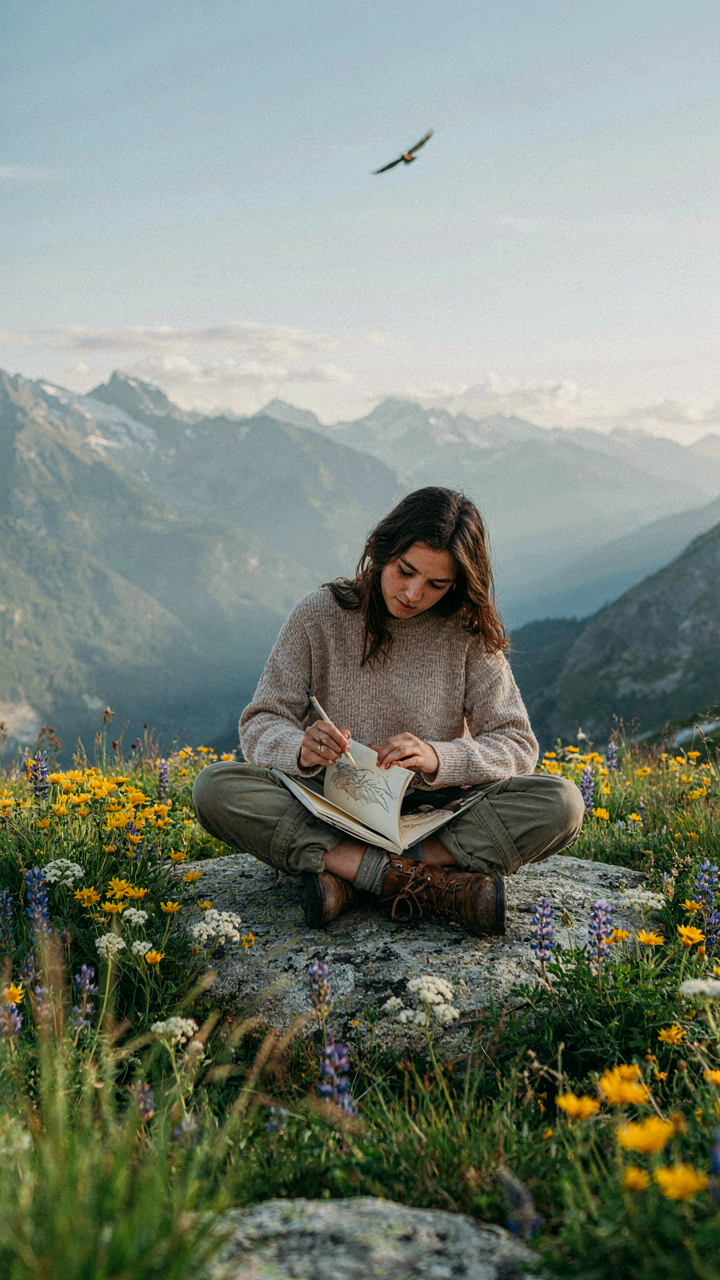 A person draws in a notebook while looking at a varied natural landscape.