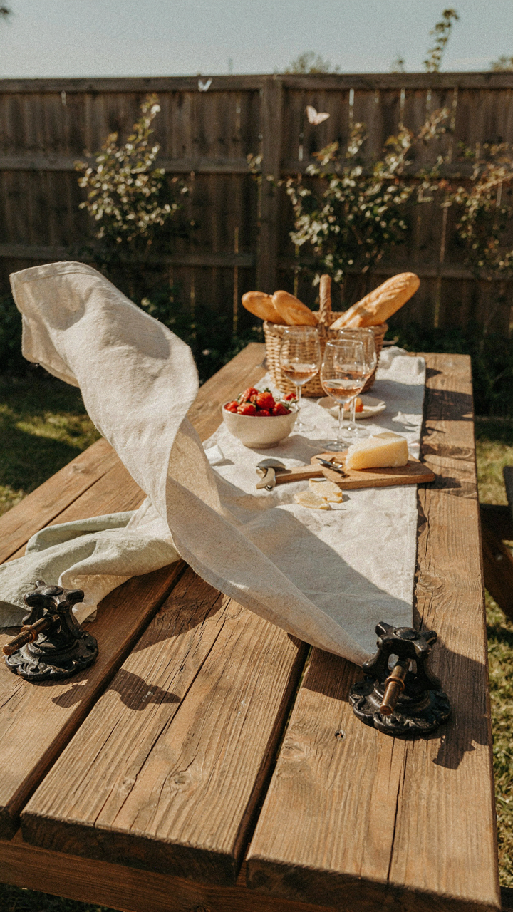 A picnic table runner secured with weights during a windy outdoor meal.