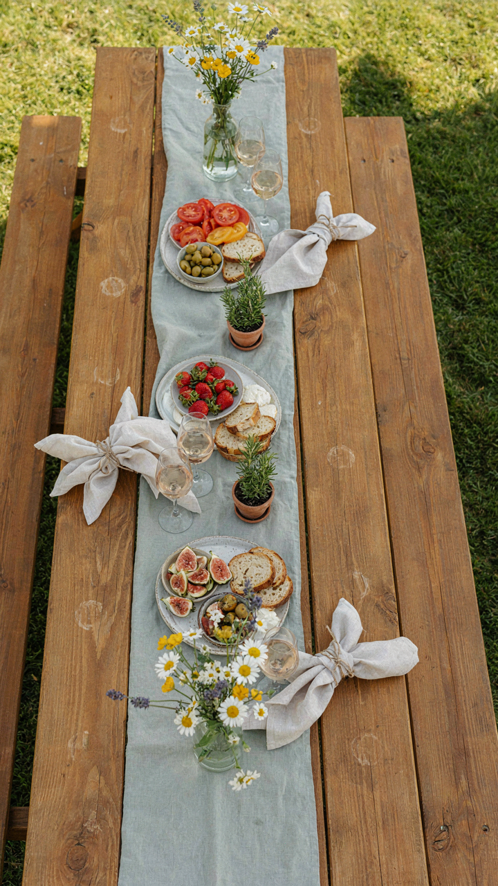 An overhead view of a long picnic table with well-spaced items.