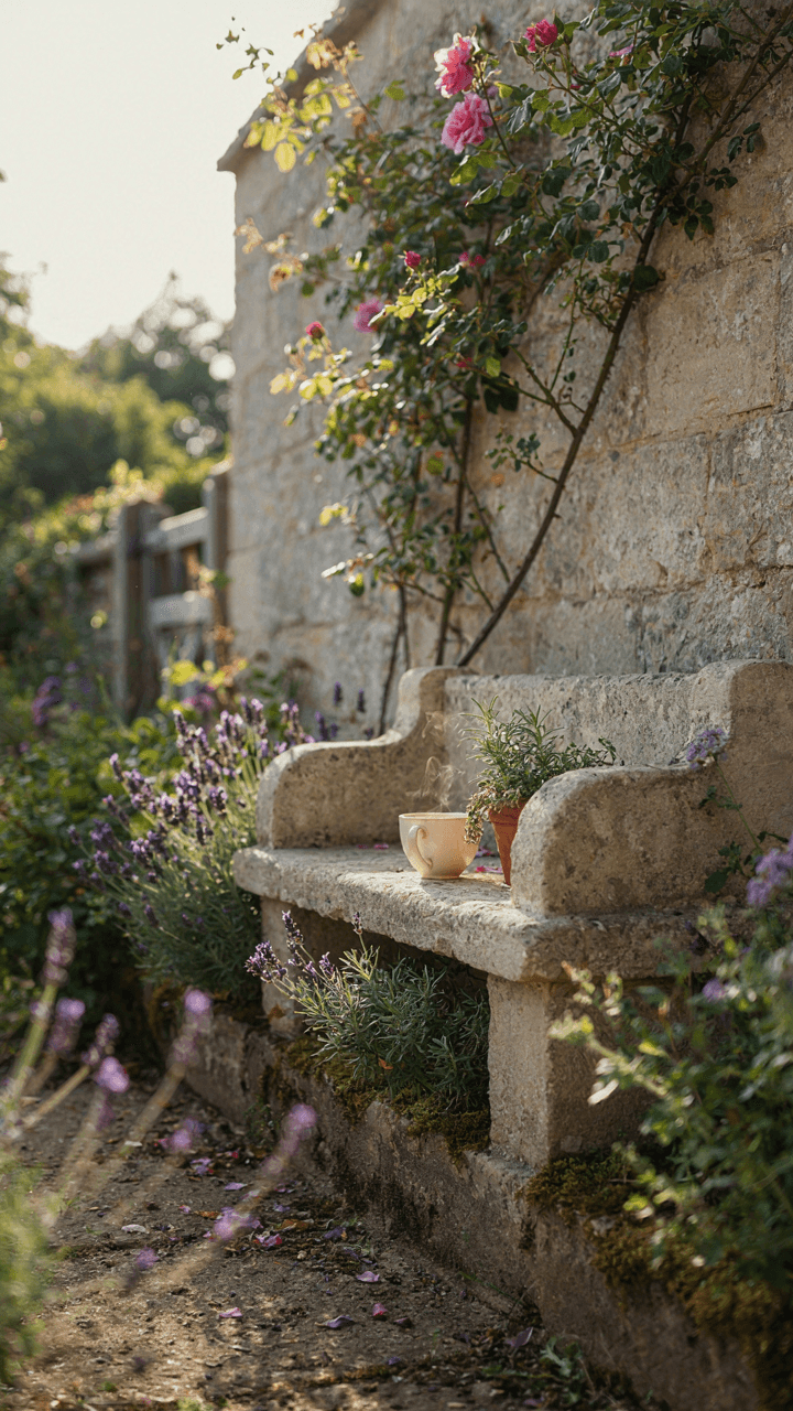 A stone garden bench corner has fragrant herbs and lavender in built-in planters.