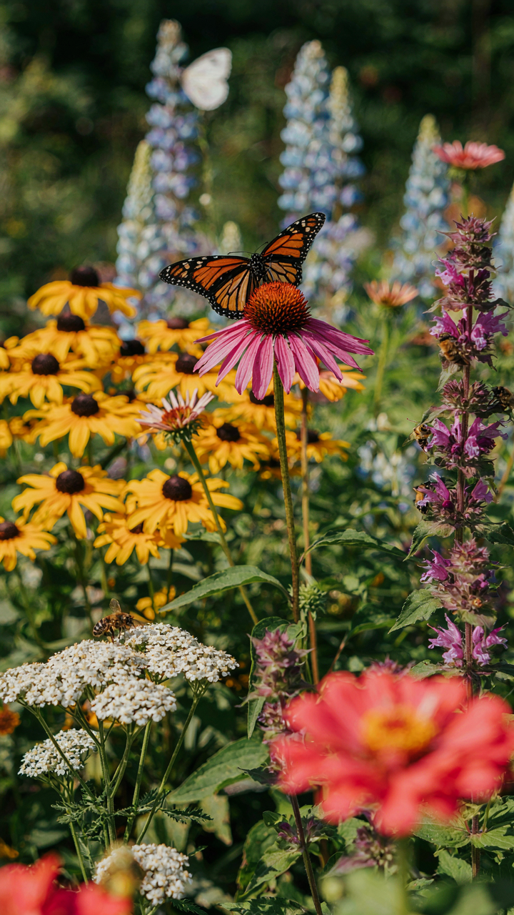 A monarch butterfly sips nectar from a purple coneflower in a vibrant garden.
