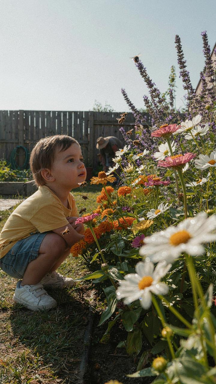 A child watches bees moving between flowers in a vibrant garden, like an ecosystem.