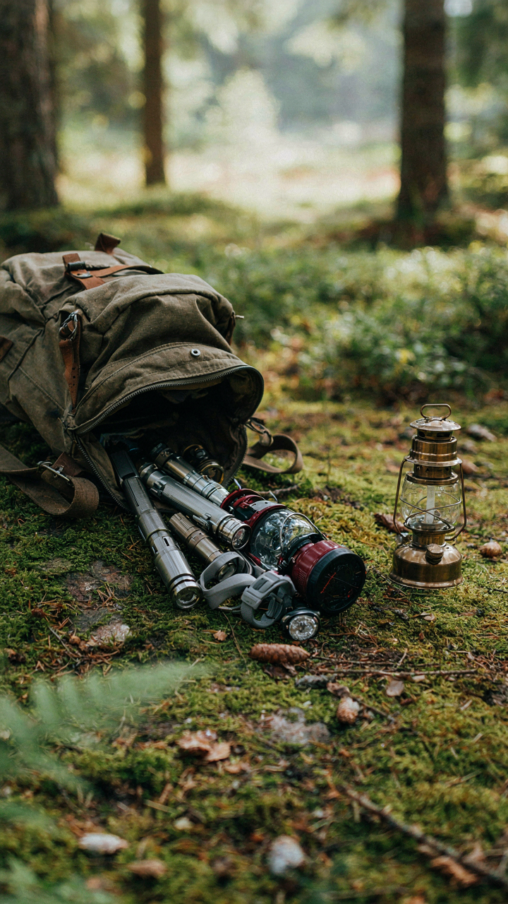 A heavy backpack holds many lights next to one simple lantern.