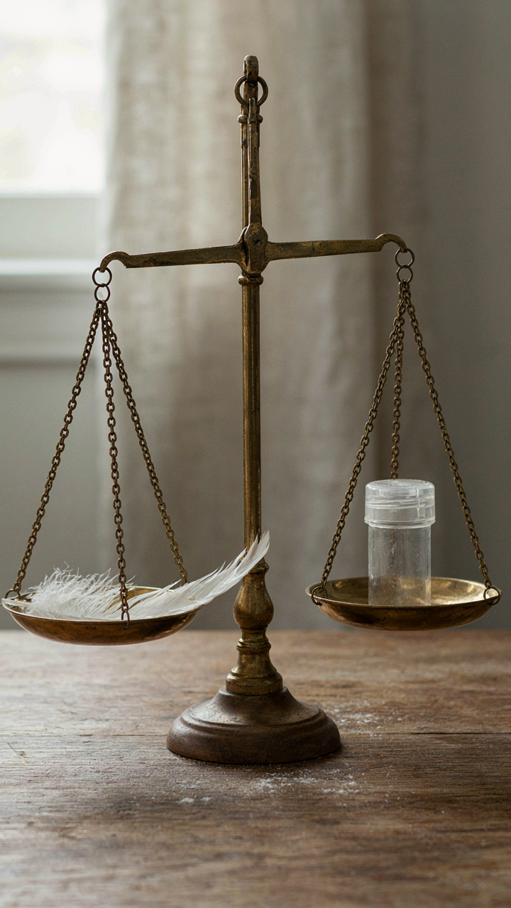 A tiny plastic spice container balances against a feather on a scale.