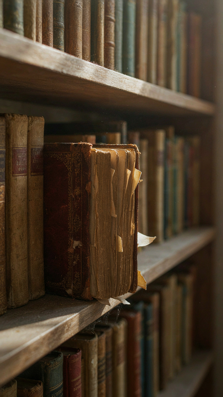 An old, leather-bound book is crumbling and decaying on a dusty shelf.