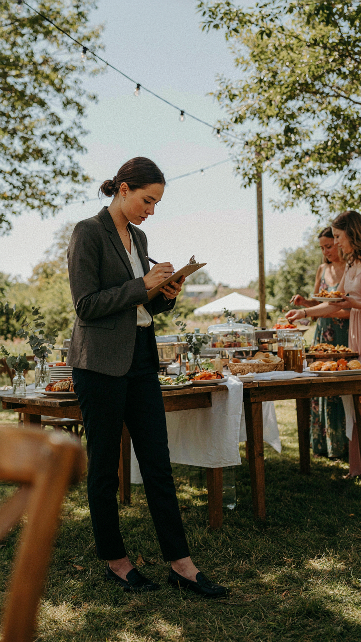 A host with a clipboard observes guests at an outdoor buffet.