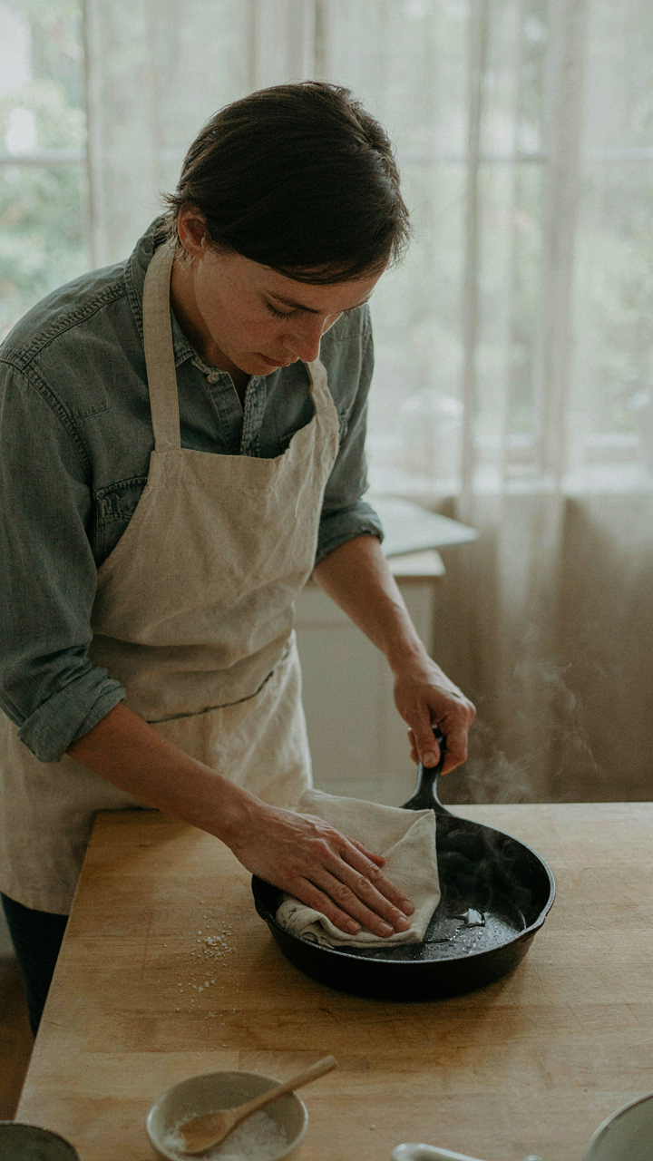 A person wipes a warm cast iron skillet after cooking.