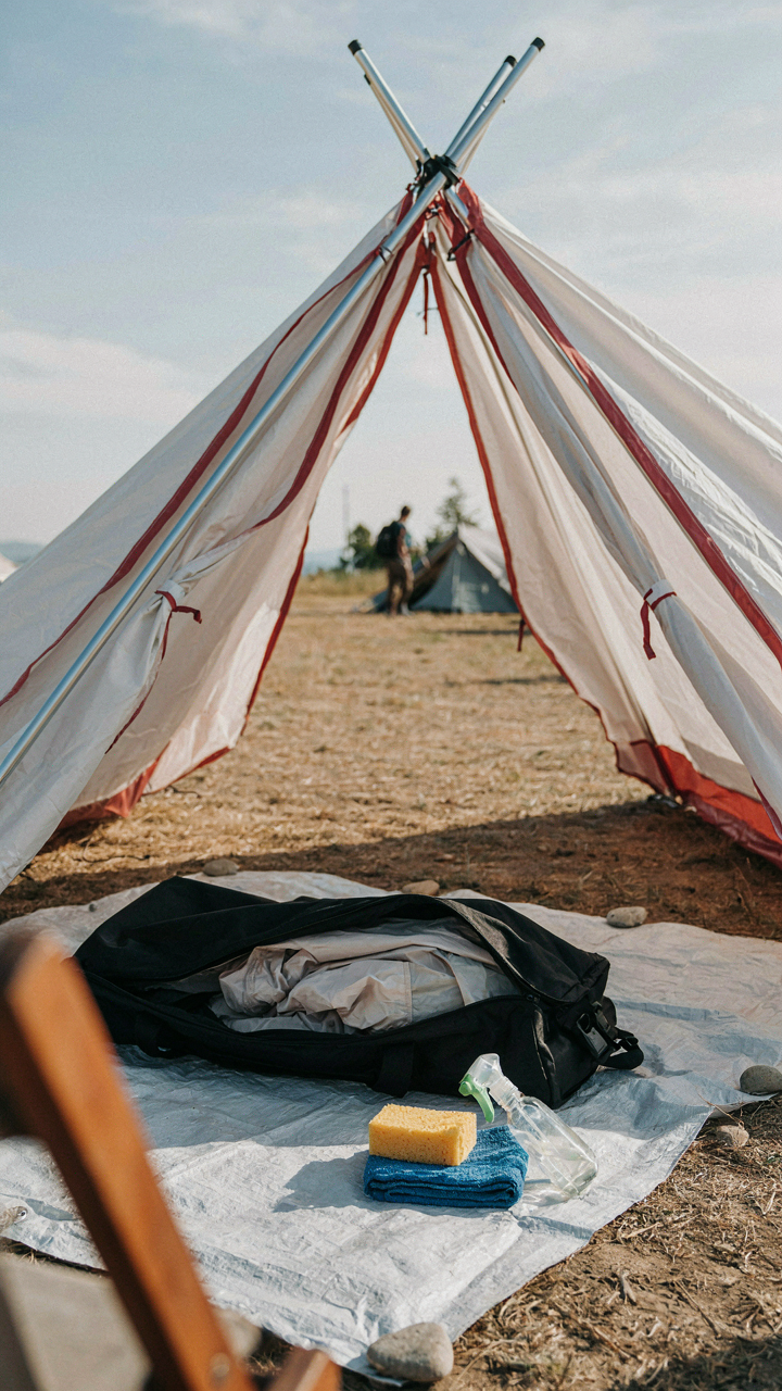 A festival tent is folded and packed into its bag.