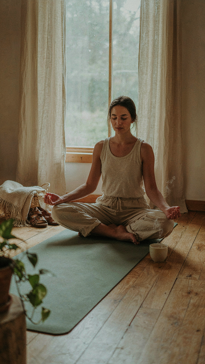 A person sitting calmly on a yoga mat in a sunlit room, meditating.