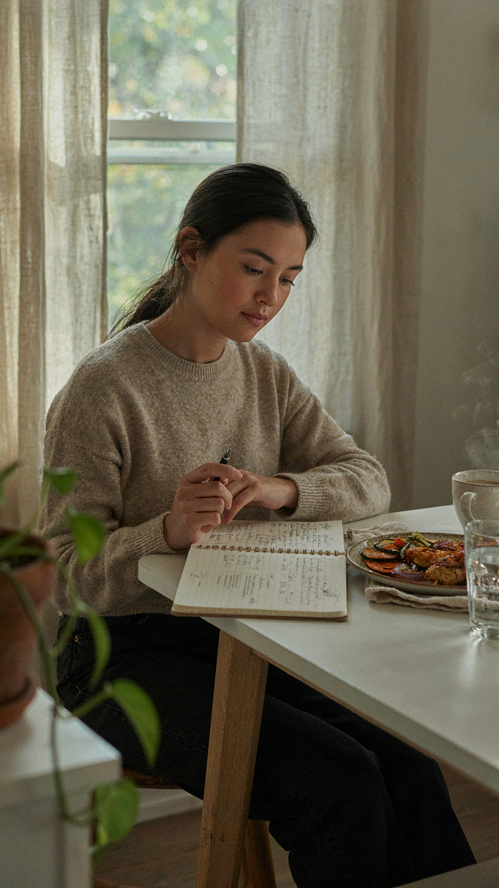 A person contemplates notes in a notebook next to a finished meal.