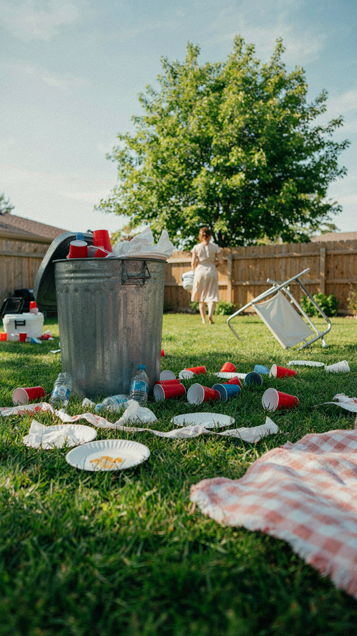 An overflowing trash bin filled with disposable items after a garden party.