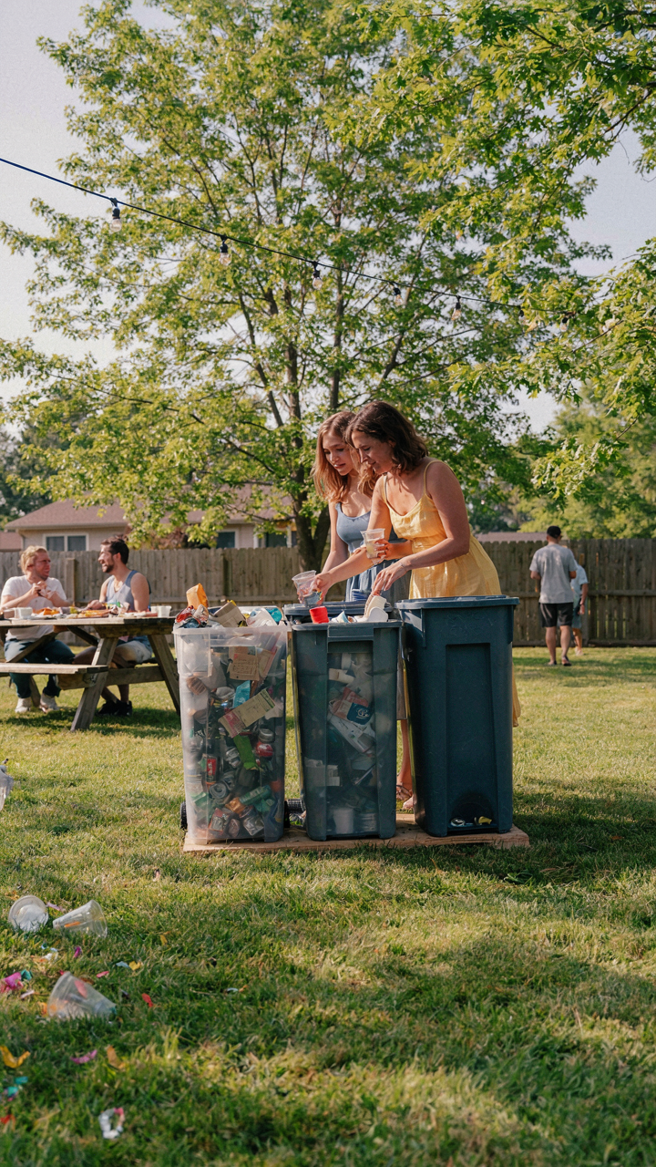 A neat recycling and trash station with three labeled bins at an outdoor party.