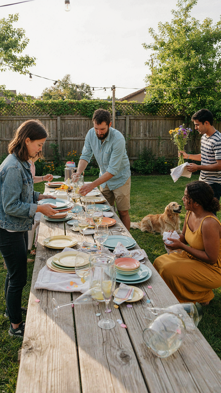Friends quickly clearing dishes and decorations from a backyard table.