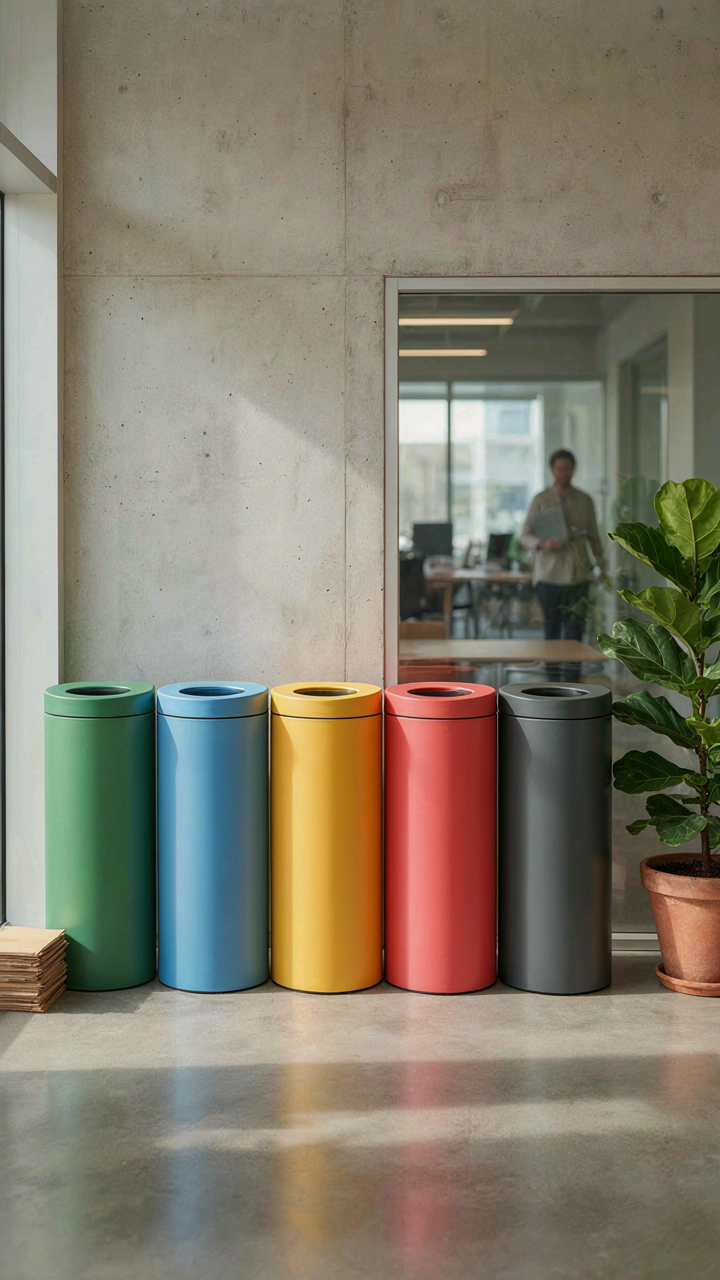 Neatly organized recycling bins with different colored lids.