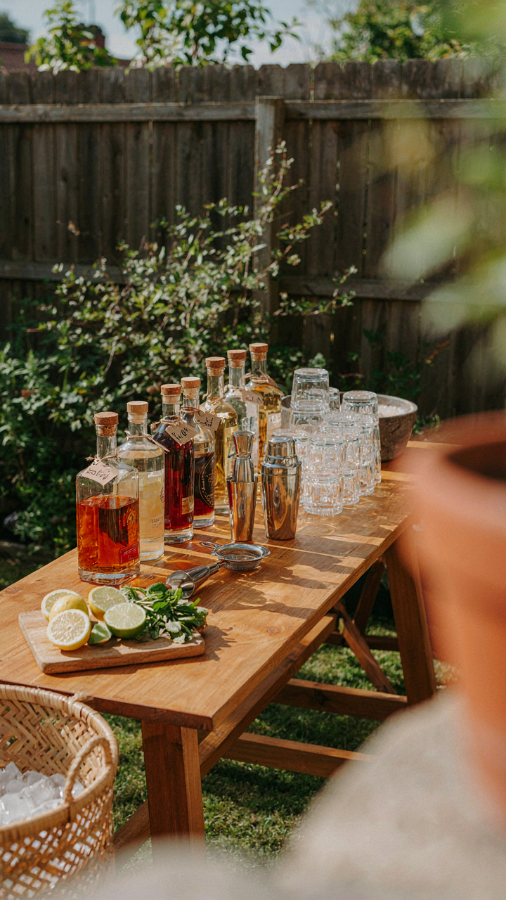 An organized outdoor bar breakdown with supplies in labeled containers.